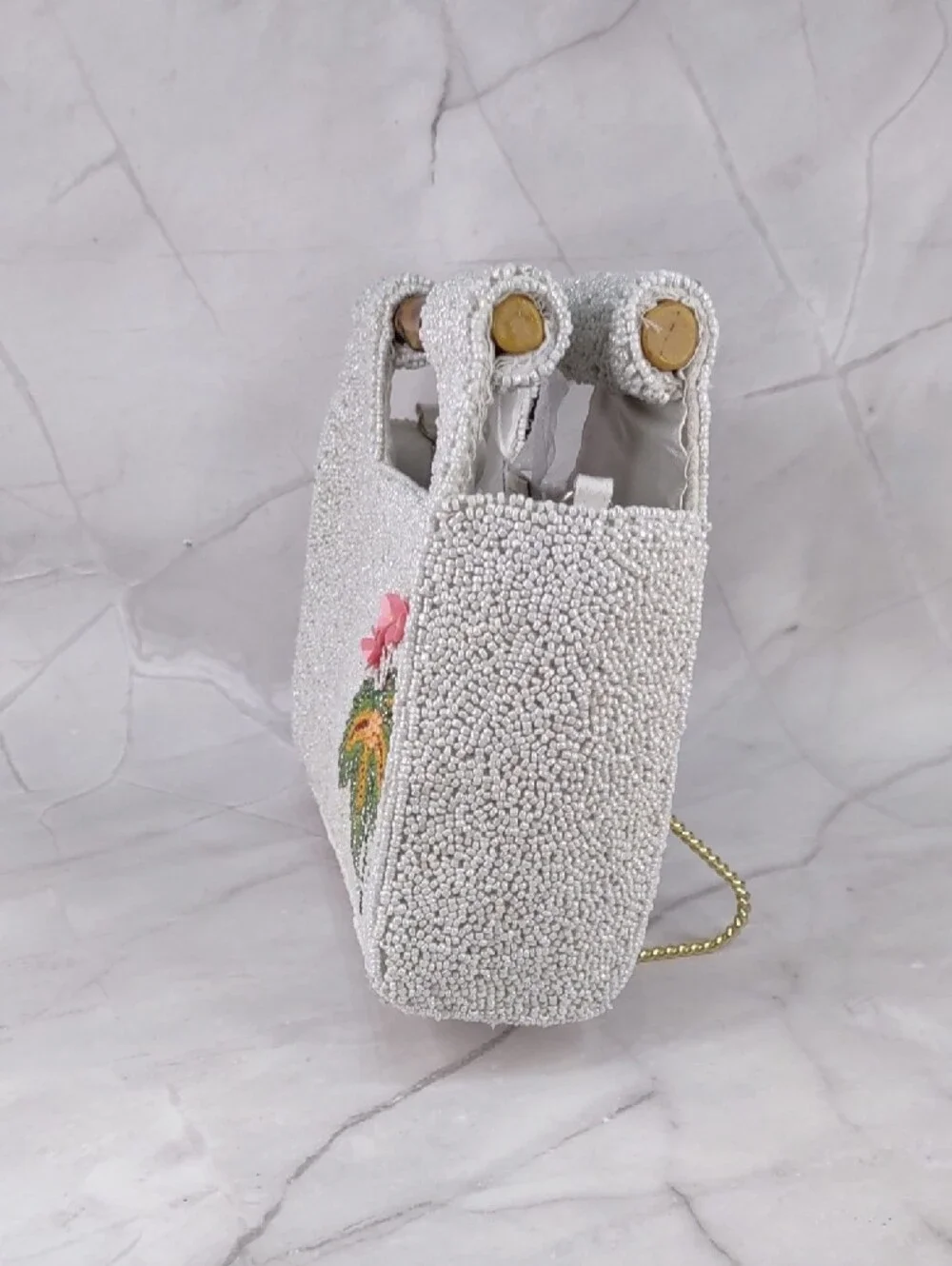 White Beaded Toucan Embellished Top-Handle Bag